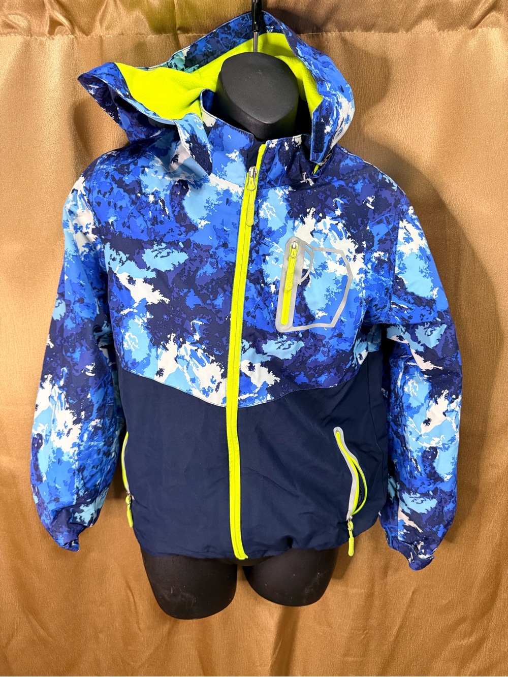 Kids Blue Camouflage Waterproof Hooded Jacket with Neon Accents